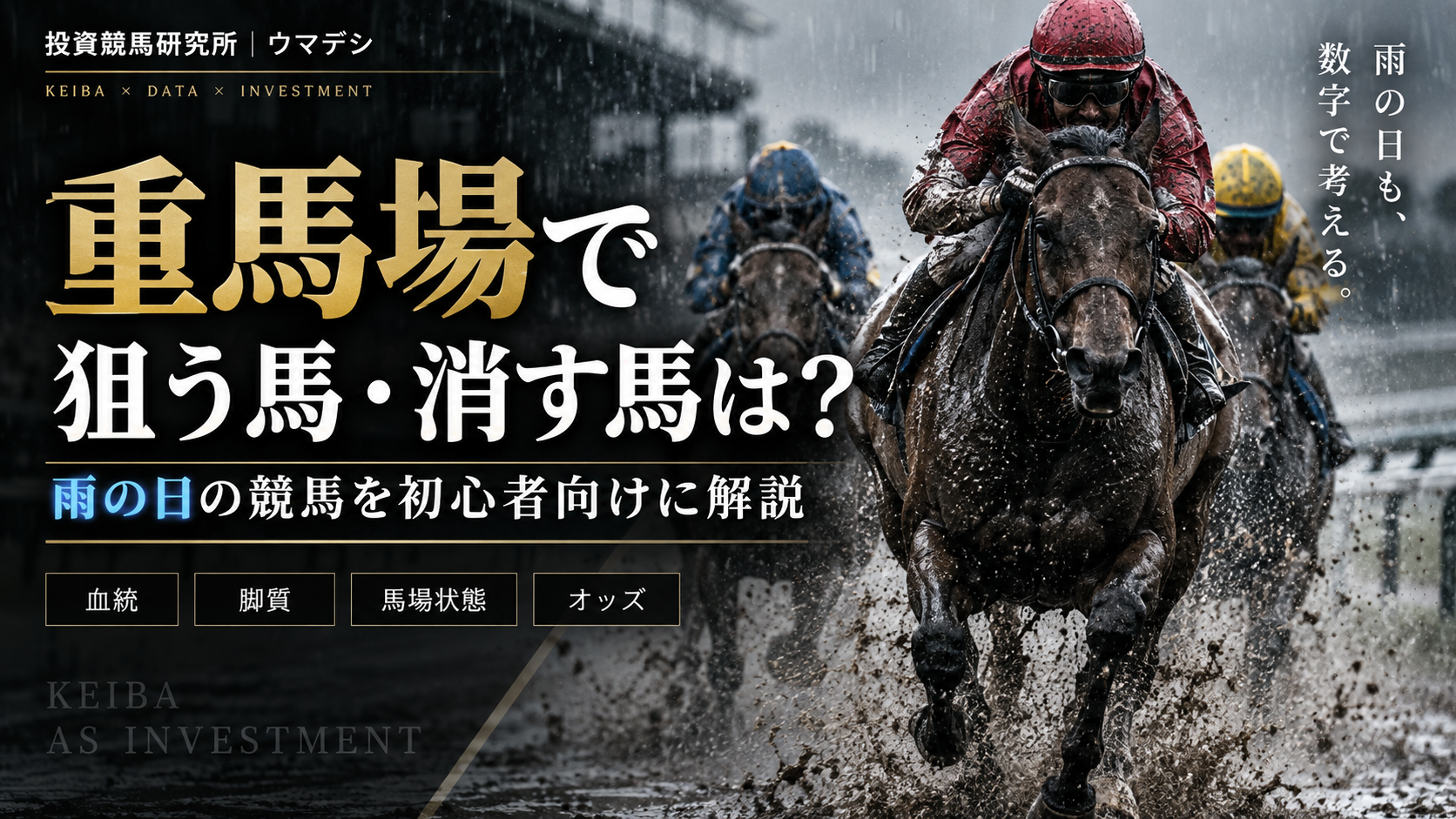 雨の重馬場を走る競走馬と騎手。重馬場で狙う馬・消す馬を初心者向けに解説