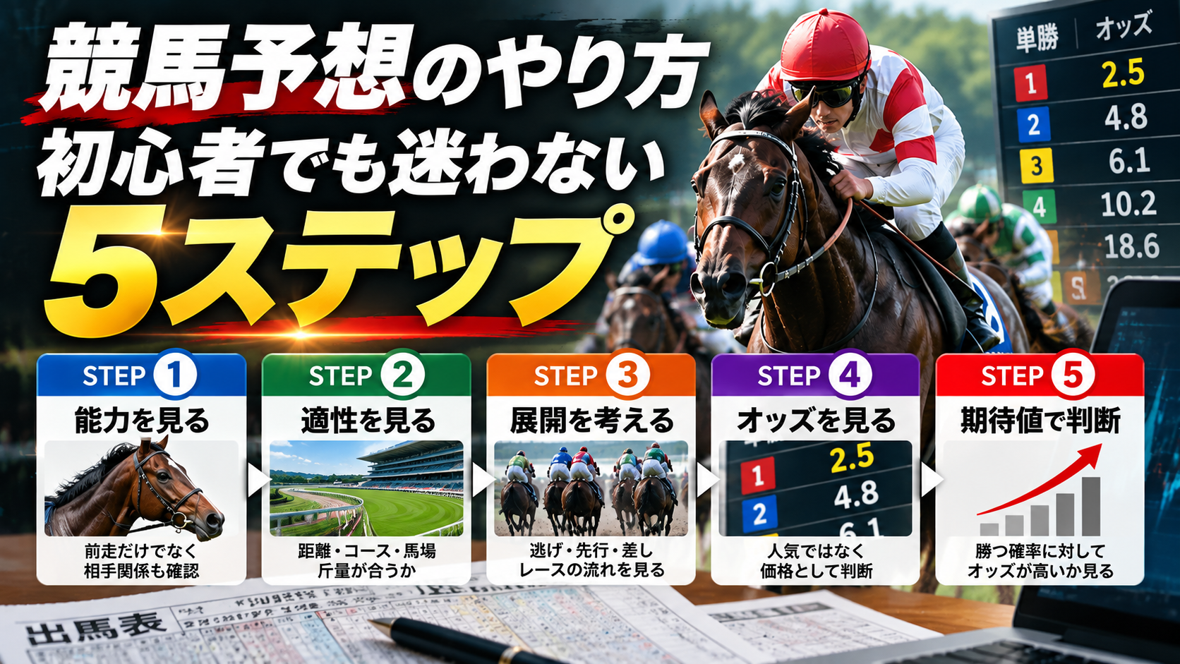 競馬予想の方法 能力・適性・展開・オッズ・期待値の5ステップ