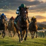 競馬AI予想とデータ分析をイメージした芝コースの競走馬と統計グラフ
