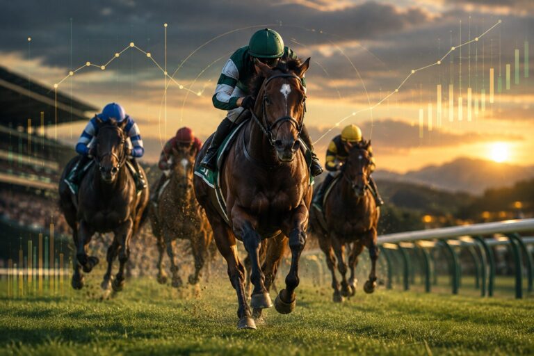 競馬AI予想とデータ分析をイメージした芝コースの競走馬と統計グラフ