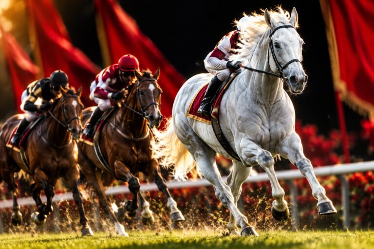 芝コースで先頭争いをする競走馬たち。複勝の着順と払戻金を解説する記事のアイキャッチ