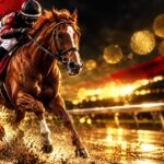 黒と赤を背景に黄金色の光を浴びて走る競走馬。馬券の損益と資金管理を解説する記事のサムネイル