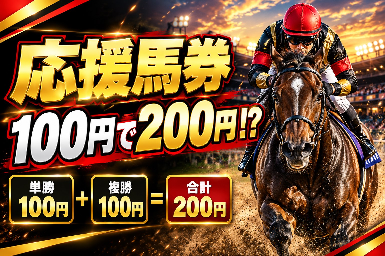 競走馬と騎手の迫力あるレース写真風ビジュアルに、応援馬券の購入額を解説する見出しを組み合わせたアイキャッチ